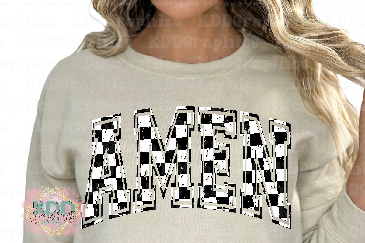 Amen - Black White Checkered Arched Varsity - Religious Design PNG