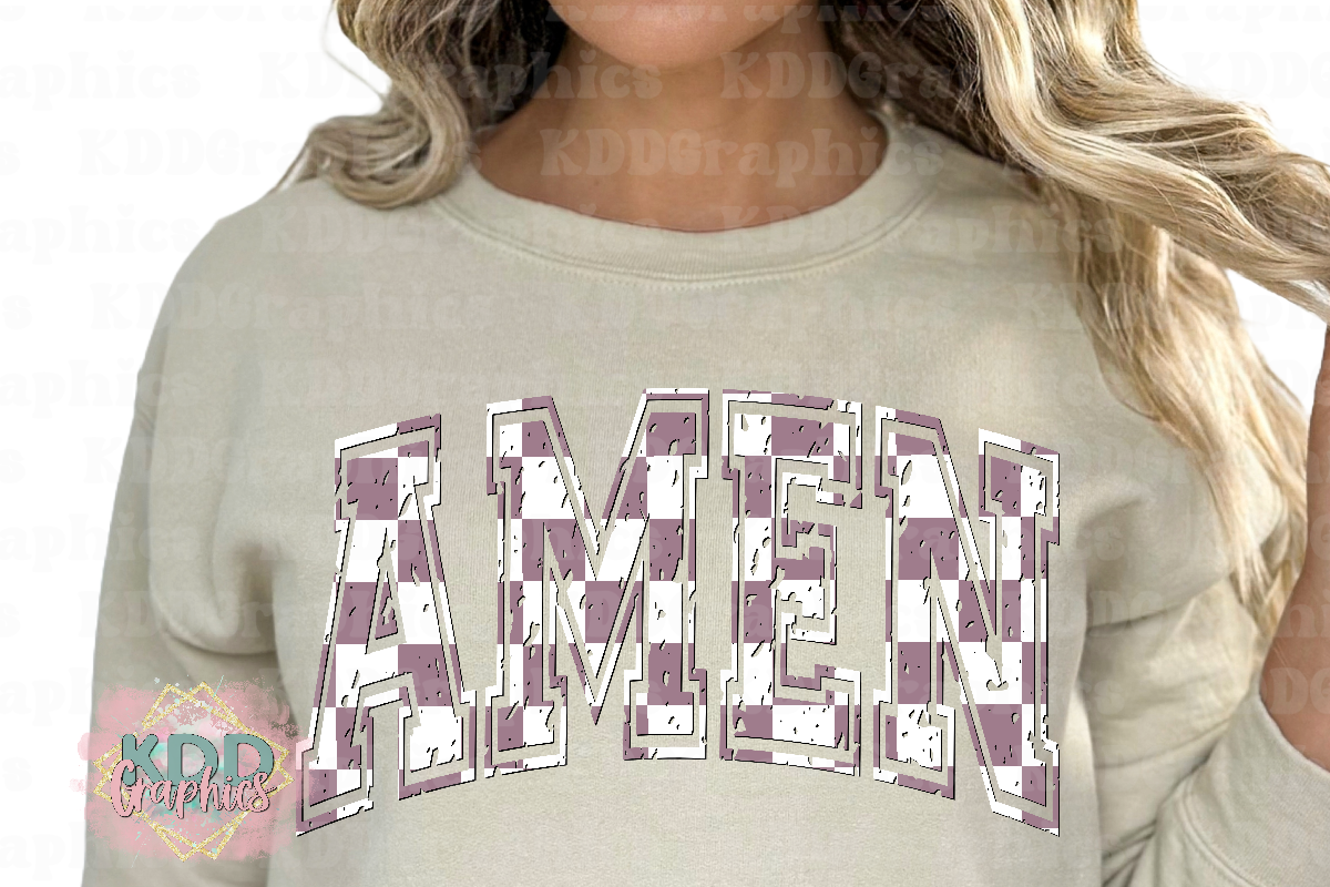 Amen - Mauve White Checkered Arched Varsity - Religious Design PNG