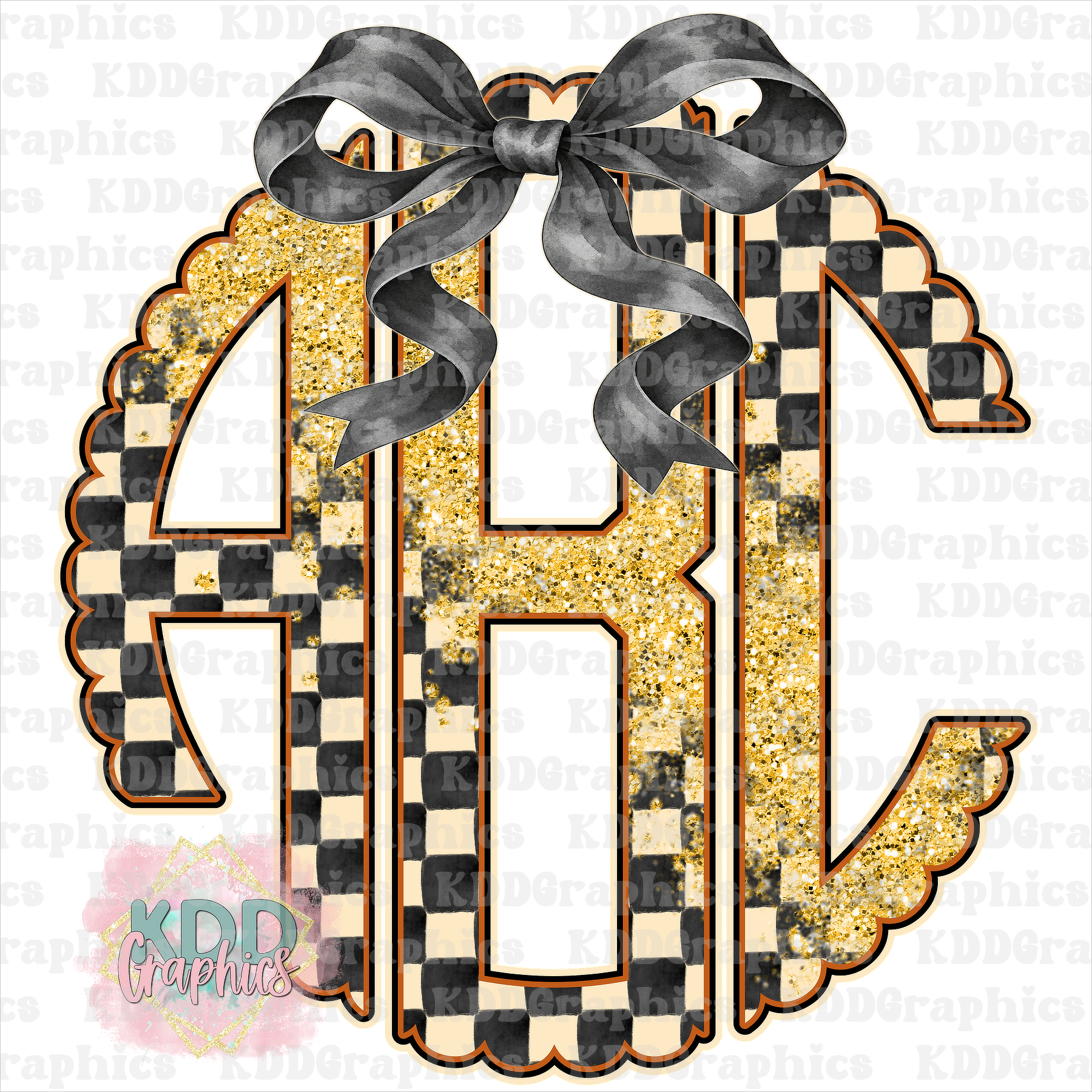 Black Ivory Checkered Scalloped Circle Monogram PNG | Gold Glitter Striped Monogram Frame with Black Watercolor Bow | Alphabet PNG