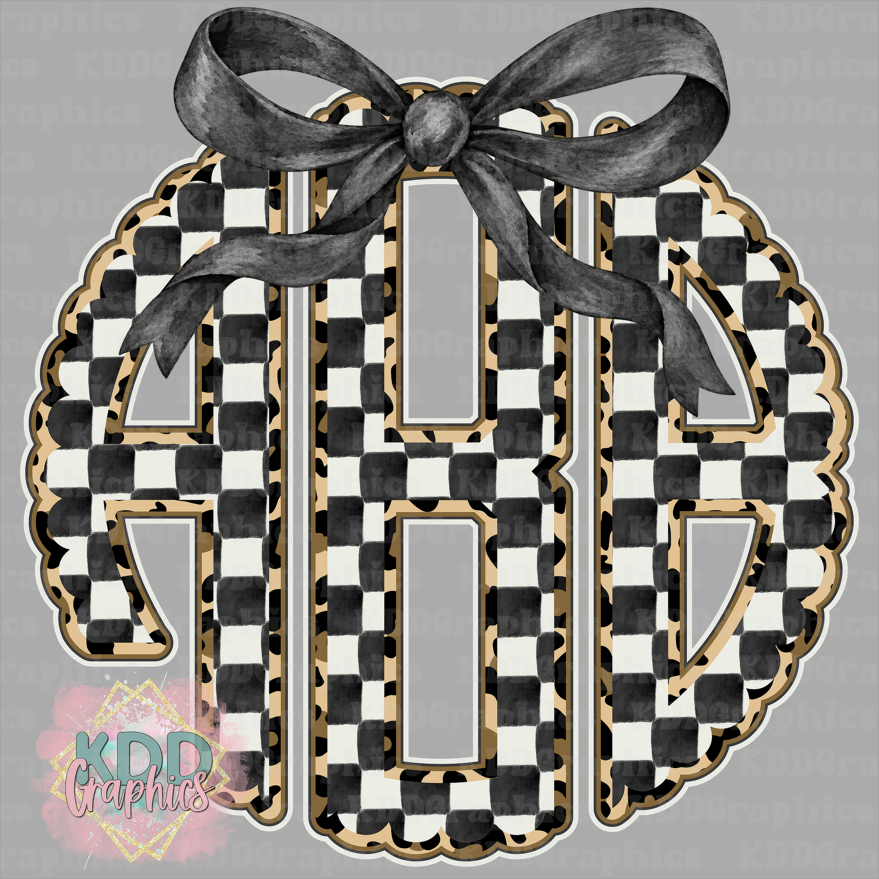 Distressed Black Checkered Cheetah Scalloped Circle Monogram PNG with Bow