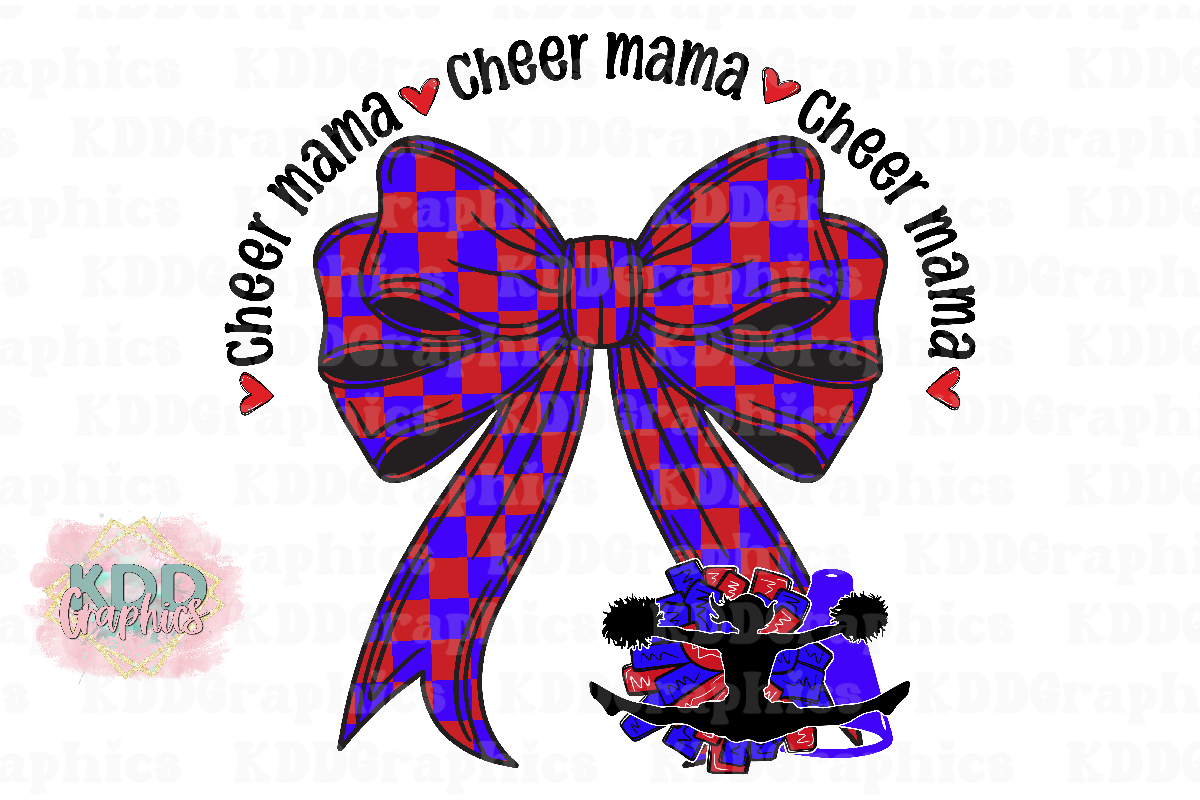 Cheer Mama - Red Blue Bow Megaphone Pom Pom - Cheer Mom PNG