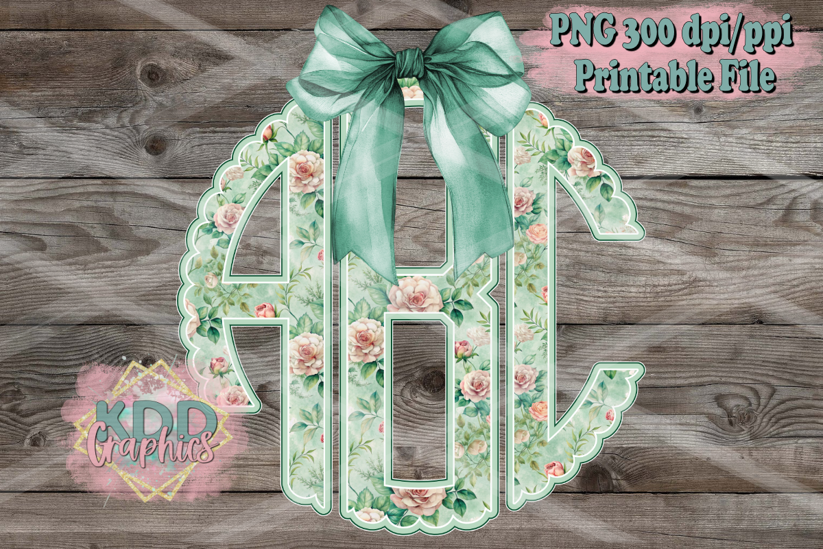 Chinoiserie Green Roses Scalloped Circle Monogram