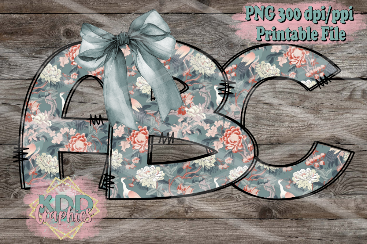Chinoiserie Grey Floral Doodle Letters PNG