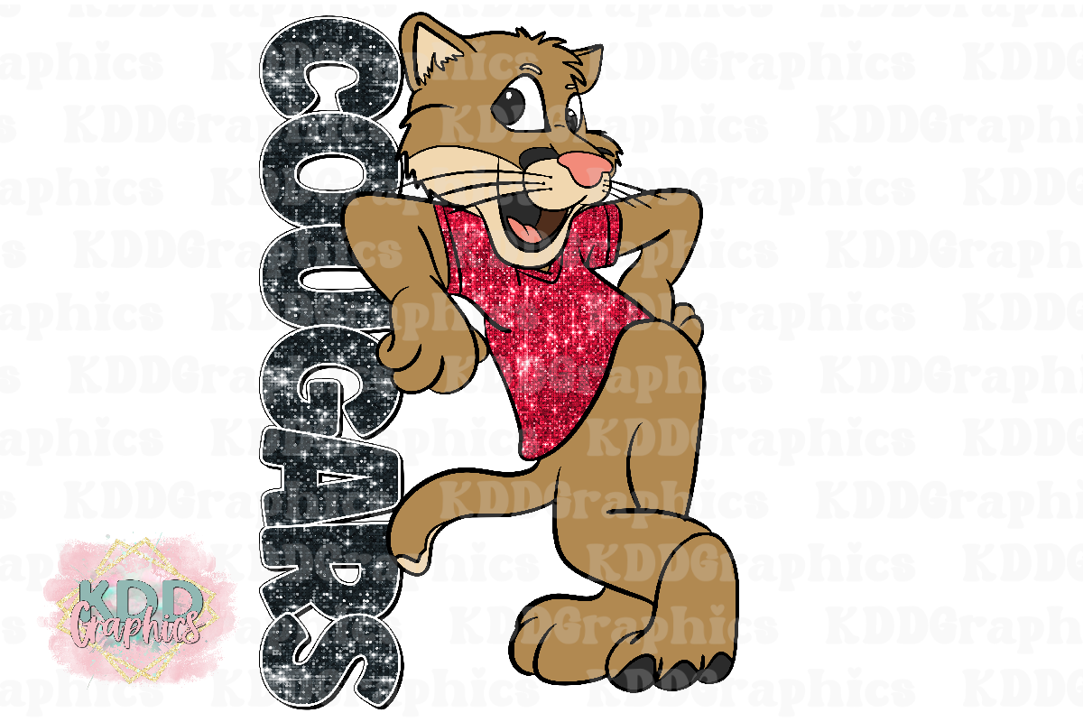 Cougar Mascot Standing - Glitter Red Black - Cougars School Spirit PNG