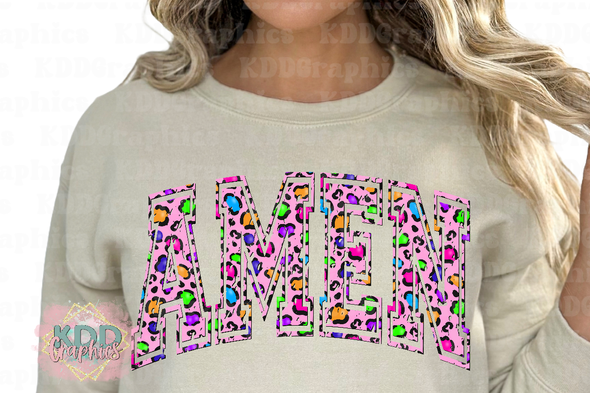 Distressed Amen - Multicolored Cheetah Arched Varsity - Religious Design PNG