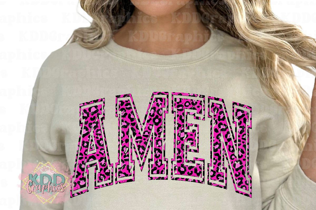 Distressed Amen - Pink Black Cheetah Arched Varsity - Religious Design PNG