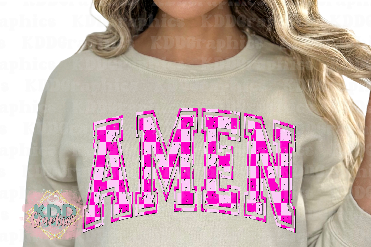 Distressed Amen - Pink Checkered Arched Varsity - Religious Design PNG