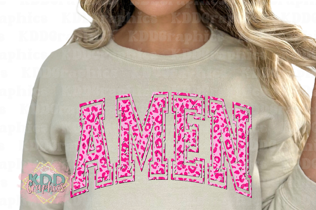 Distressed Amen - Pink Cheetah Arched Varsity - Religious Design PNG