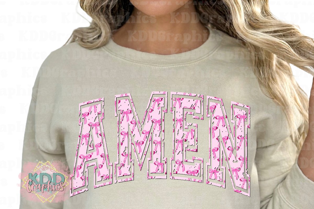 Distressed Amen - Pink Coquette Bow Arched Varsity - Religious Design PNG