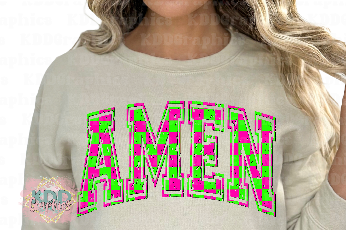 Distressed Amen - Pink Neon Green Arched Varsity - Religious Design PNG