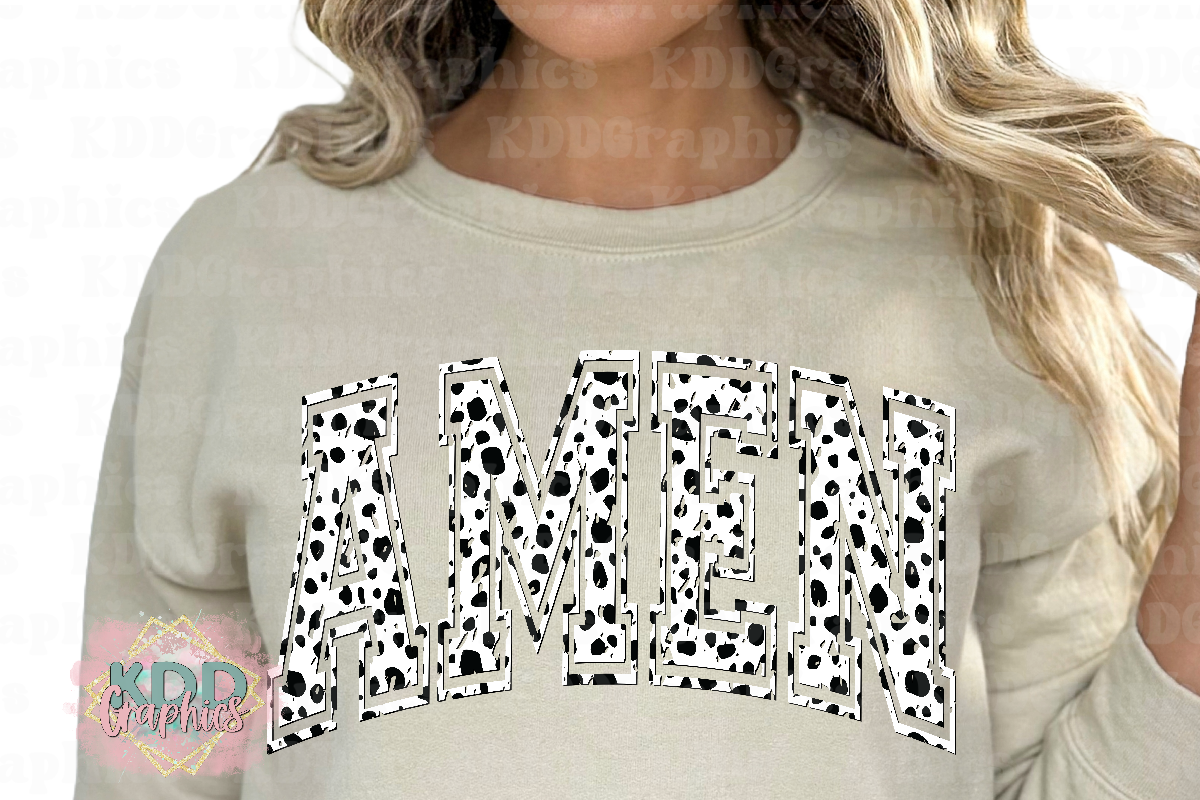 Distressed Amen - Spotted Dalmatian Arched Varsity - Religious Design PNG
