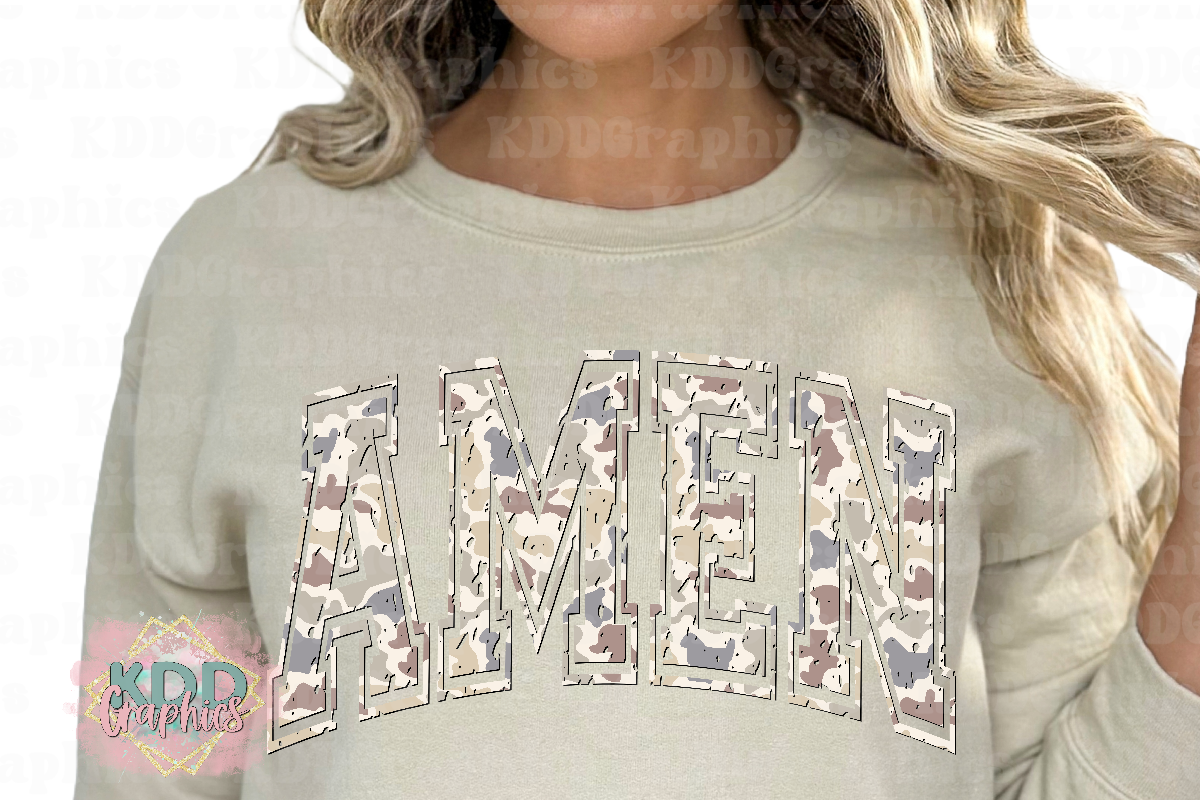 Distressed Amen - Tan Duck Camo Arched Varsity - Religious Design PNG