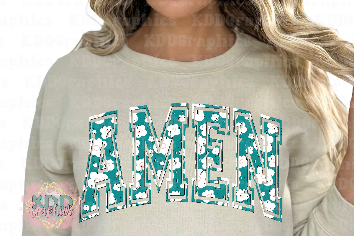 Distressed Amen - Teal Floral Arched Varsity - Religious Design PNG