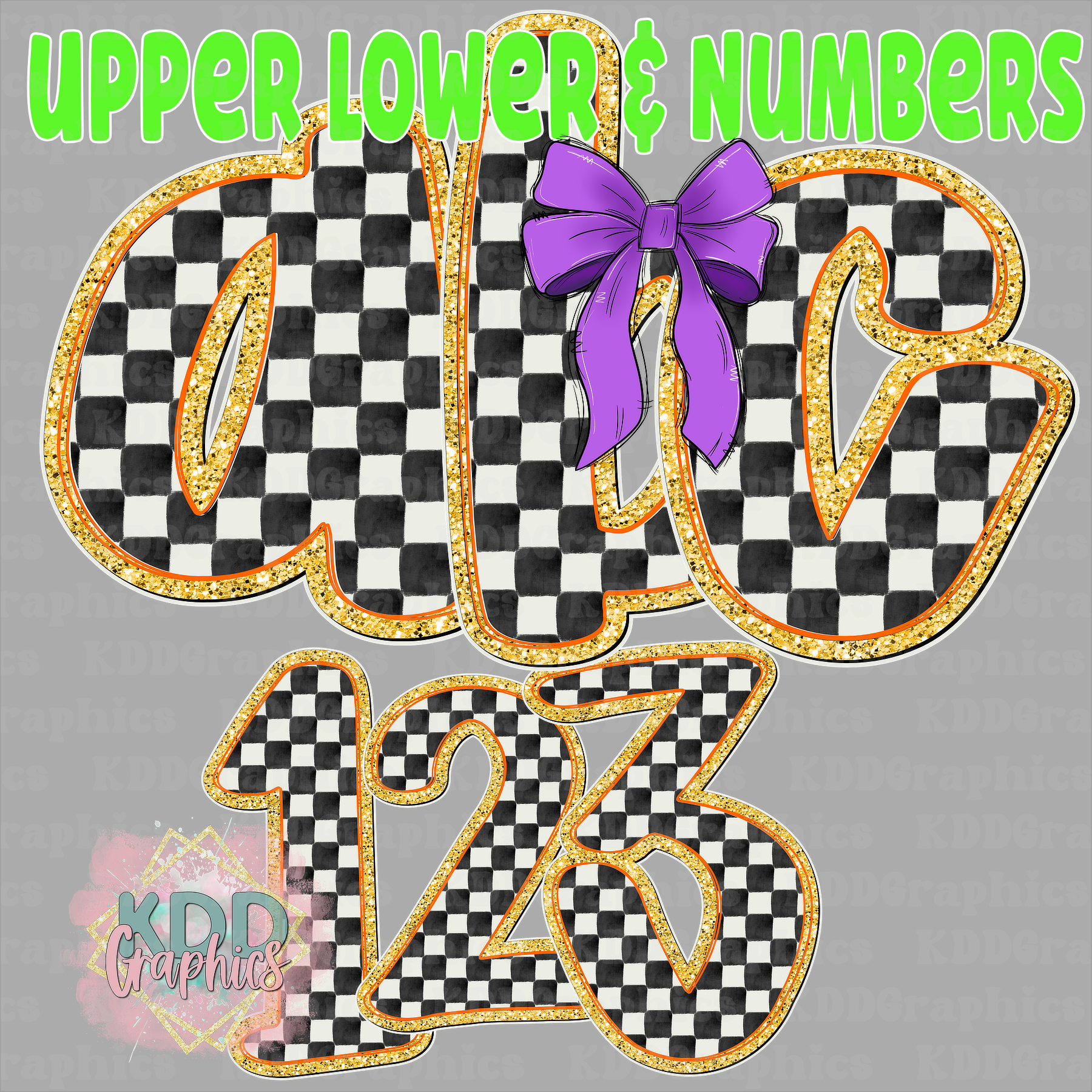 Distressed Checkered Gold Bow Doodle Alpha Letters & Numbers PNG Bundle 2