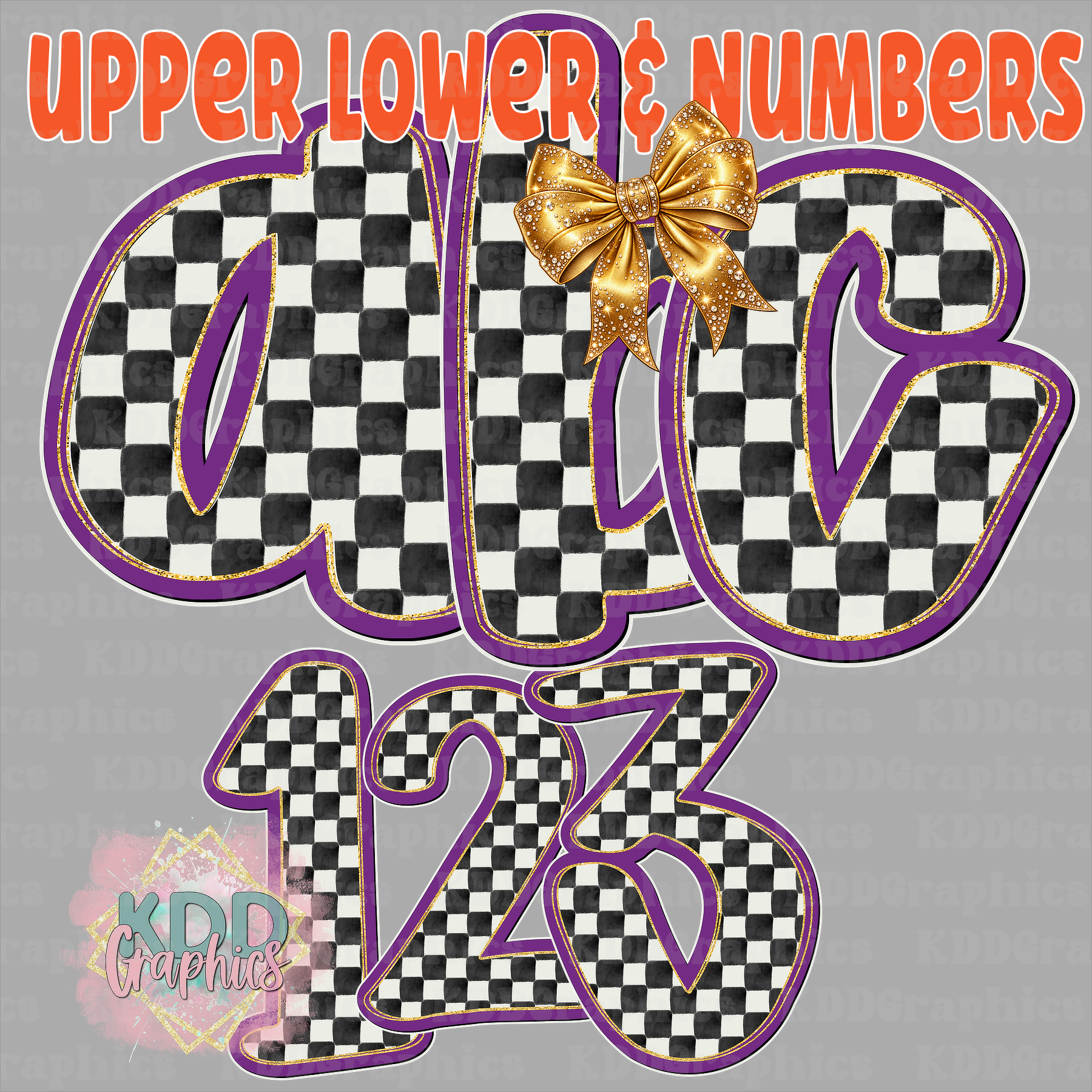 Distressed Checkered Gold Bow Doodle Alpha Letters & Numbers PNG Bundle