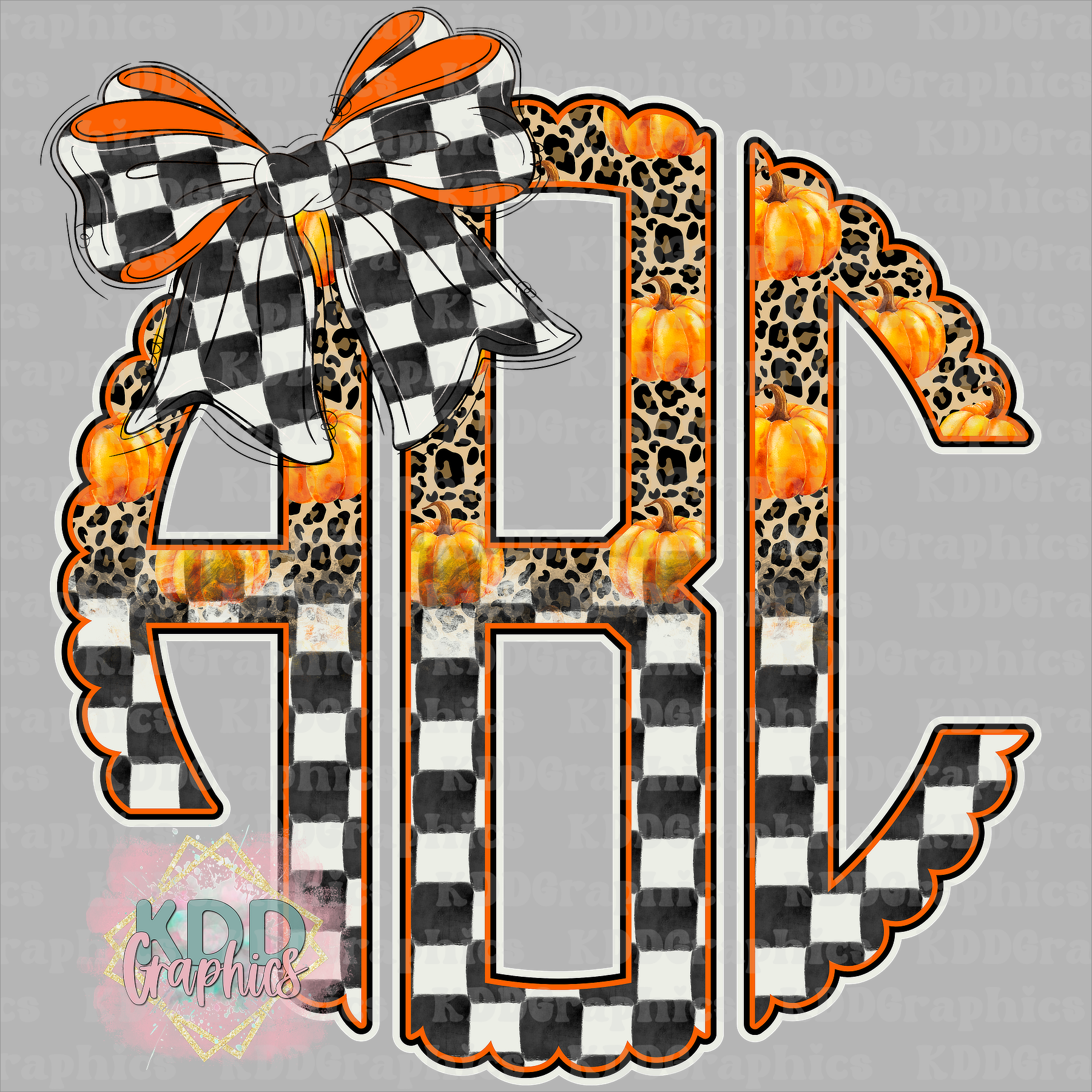 Distressed Fall Pumpkin Cheetah Checkered Scalloped Circle Monogram PNG with Bow