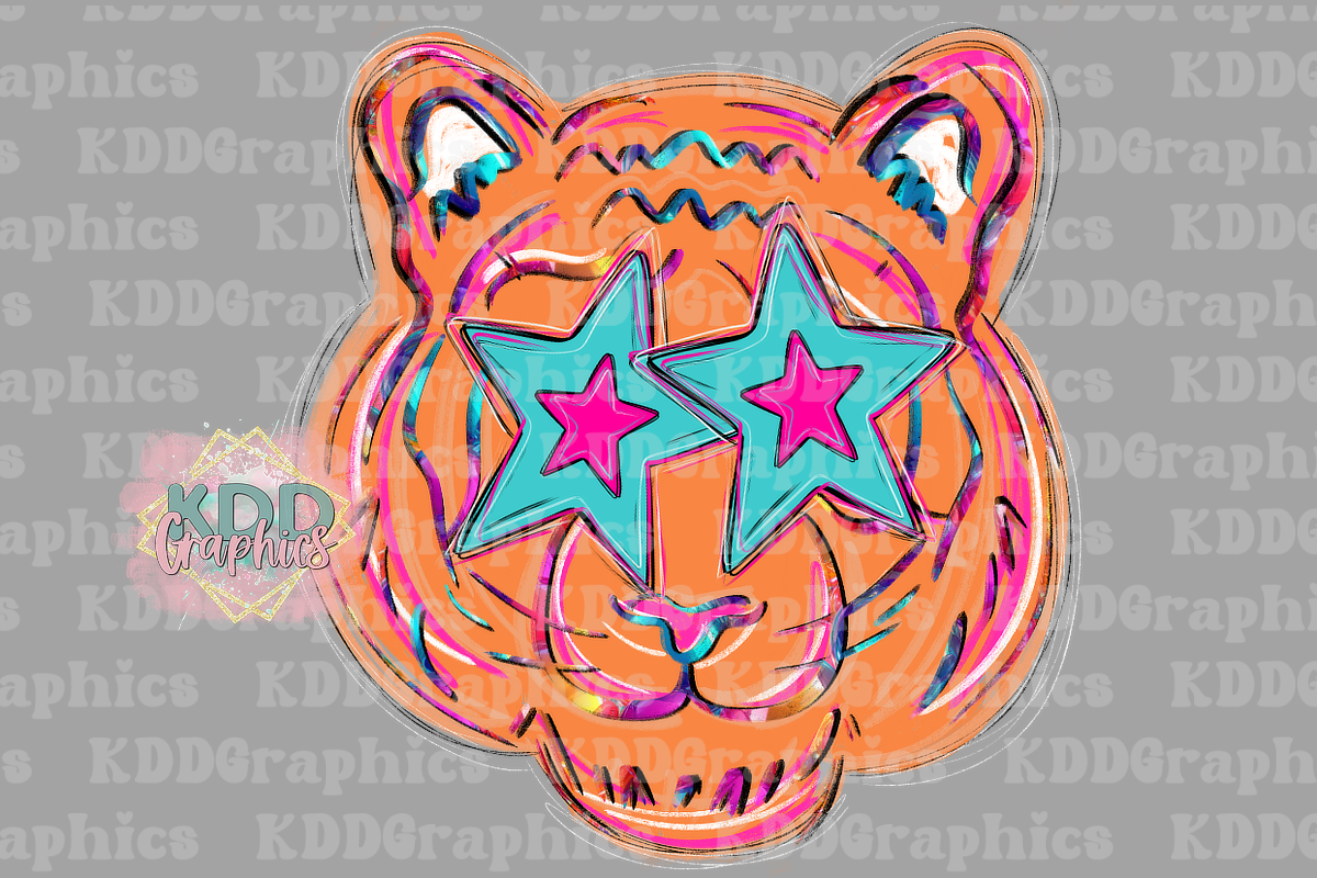 Doodle Bright Orange Tiger Mascot Face - Tigers School Spirit PNG