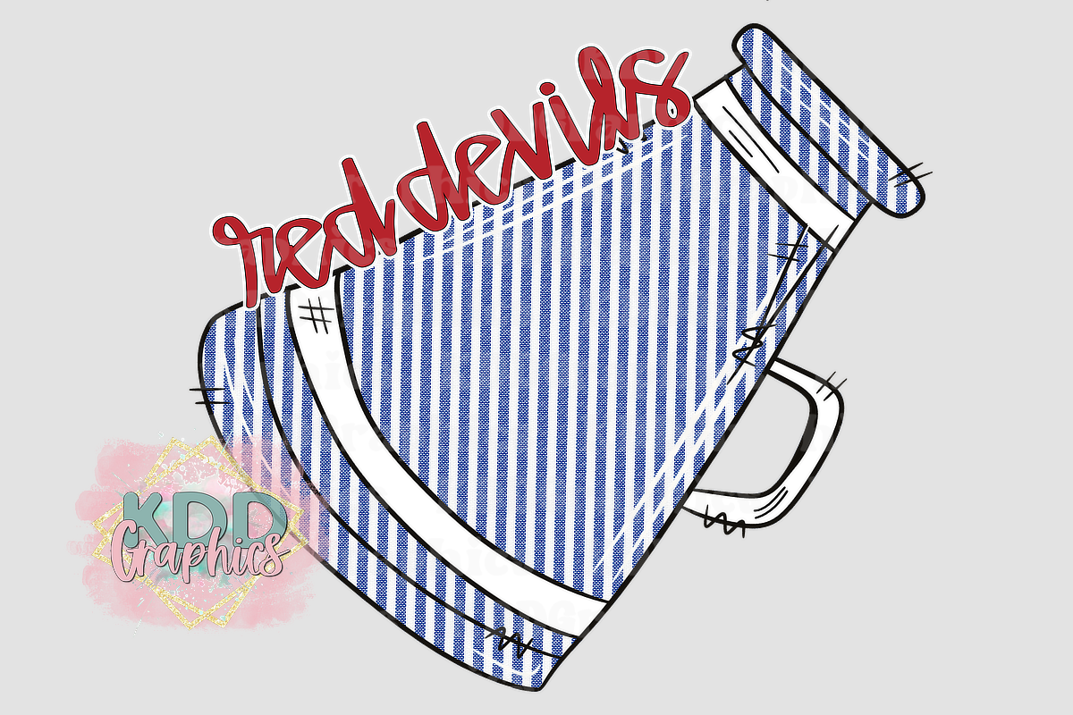 Doodle Red Devils Cheer Megaphone - Red Blue Seersucker Cheerleader Megaphone PNG