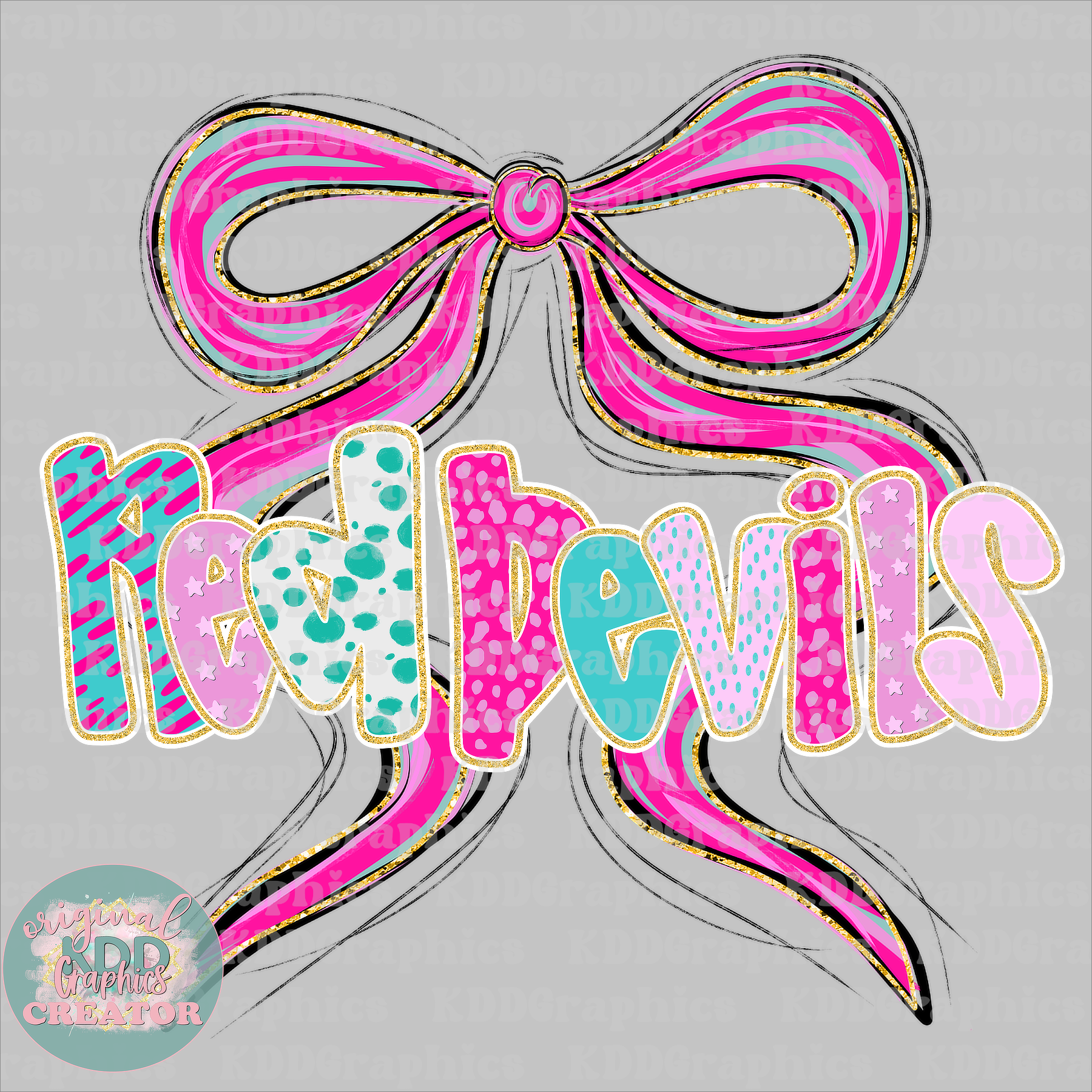 Doodle Multicolored Red Devils - Coquette Bow - Red Devil Mascot School Spirit PNG