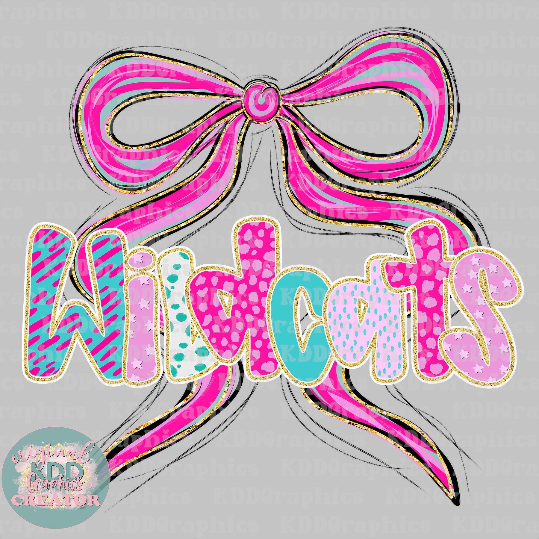 Doodle Multicolored Wildcats - Coquette Bow - Wildcat Mascot School Spirit PNG