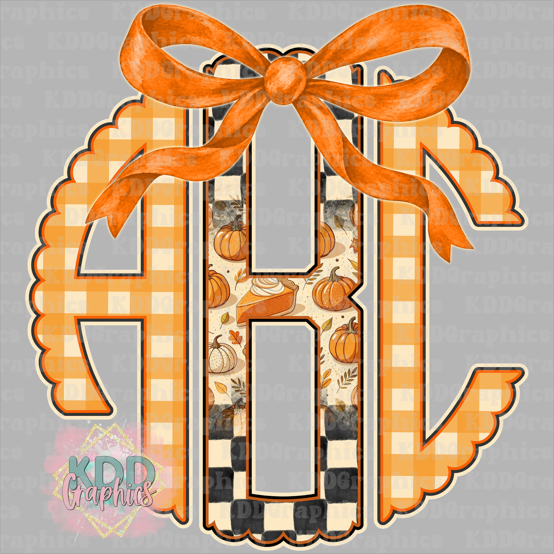 Fall Pumpkin Pie Orange Gingham Scalloped Circle Monogram PNG with Bow