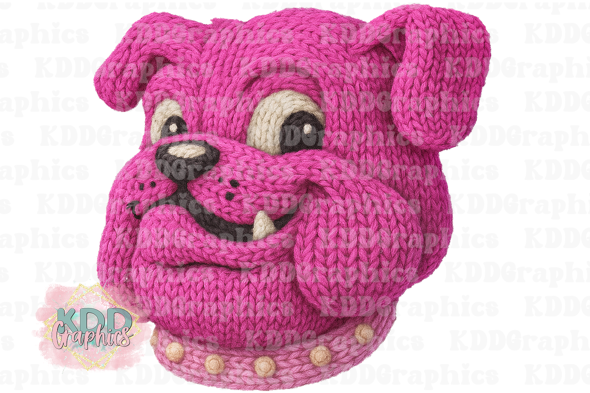 Faux Crochet Knit Pink Bulldog Mascot Head - Bulldogs School Spirit PNG