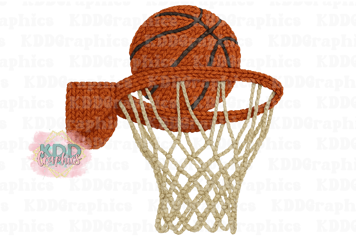 Faux Knit Crochet Basketball and Goal - Basketball Design PNG