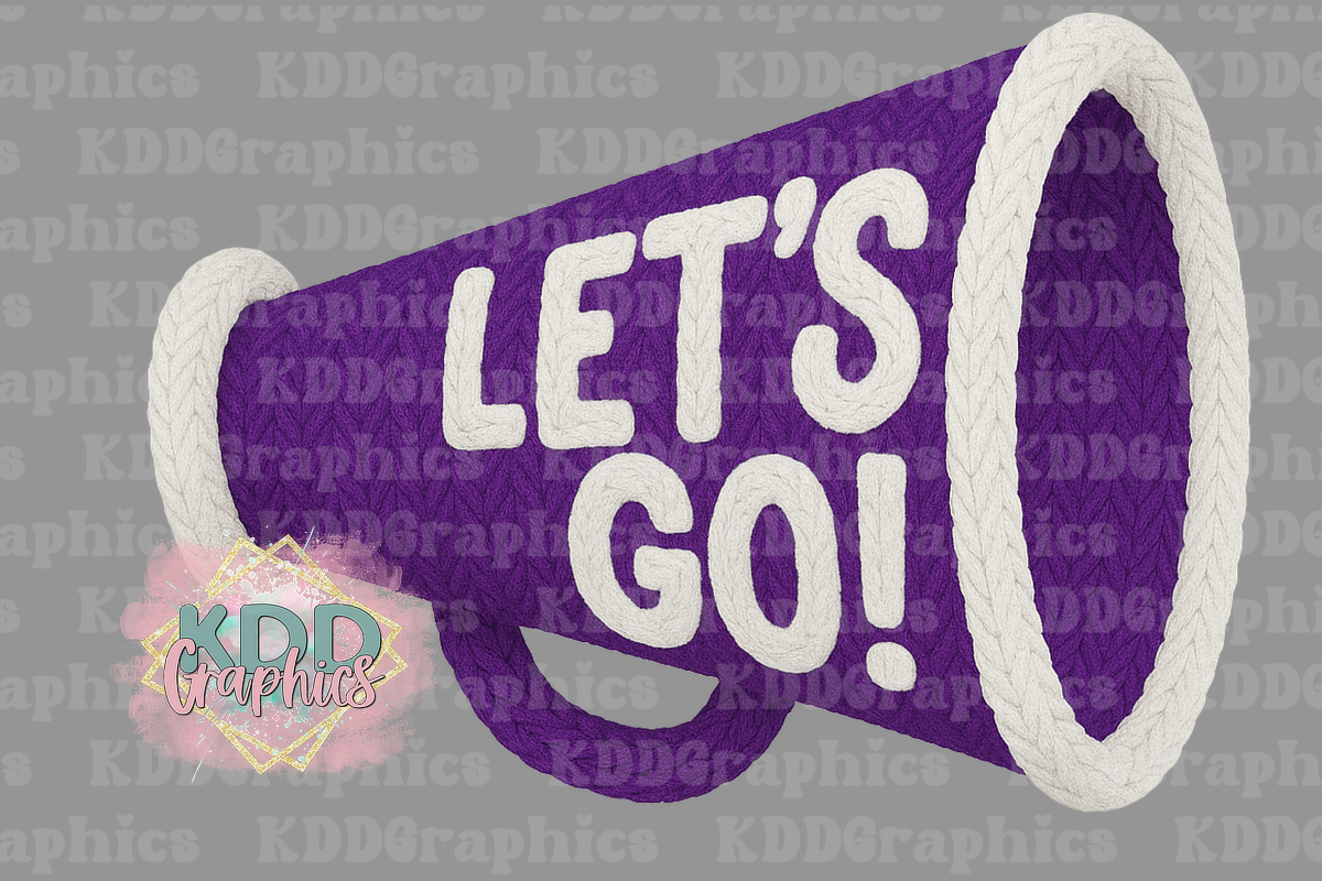 Faux Knit Crochet Cheer Megaphone - Purple White Let's Go - Cheer PNG