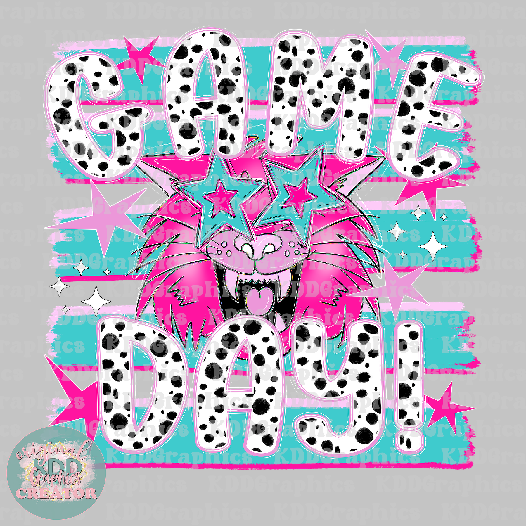 Game Day - Preppy Wildcat Mascot - Brushstrokes Star Eyes - Wildcats School Spirit PNG