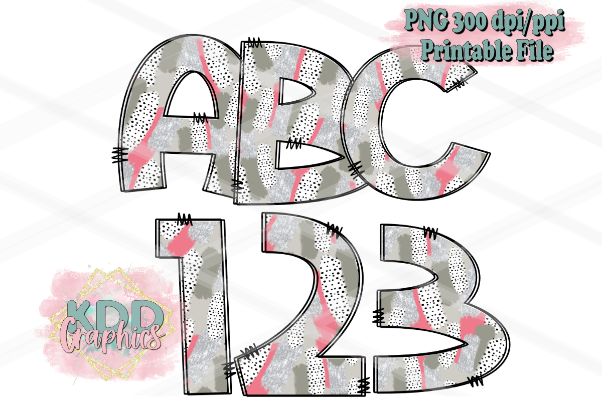 Grey Peach Brushstroke Doodle Letters Numbers PNG