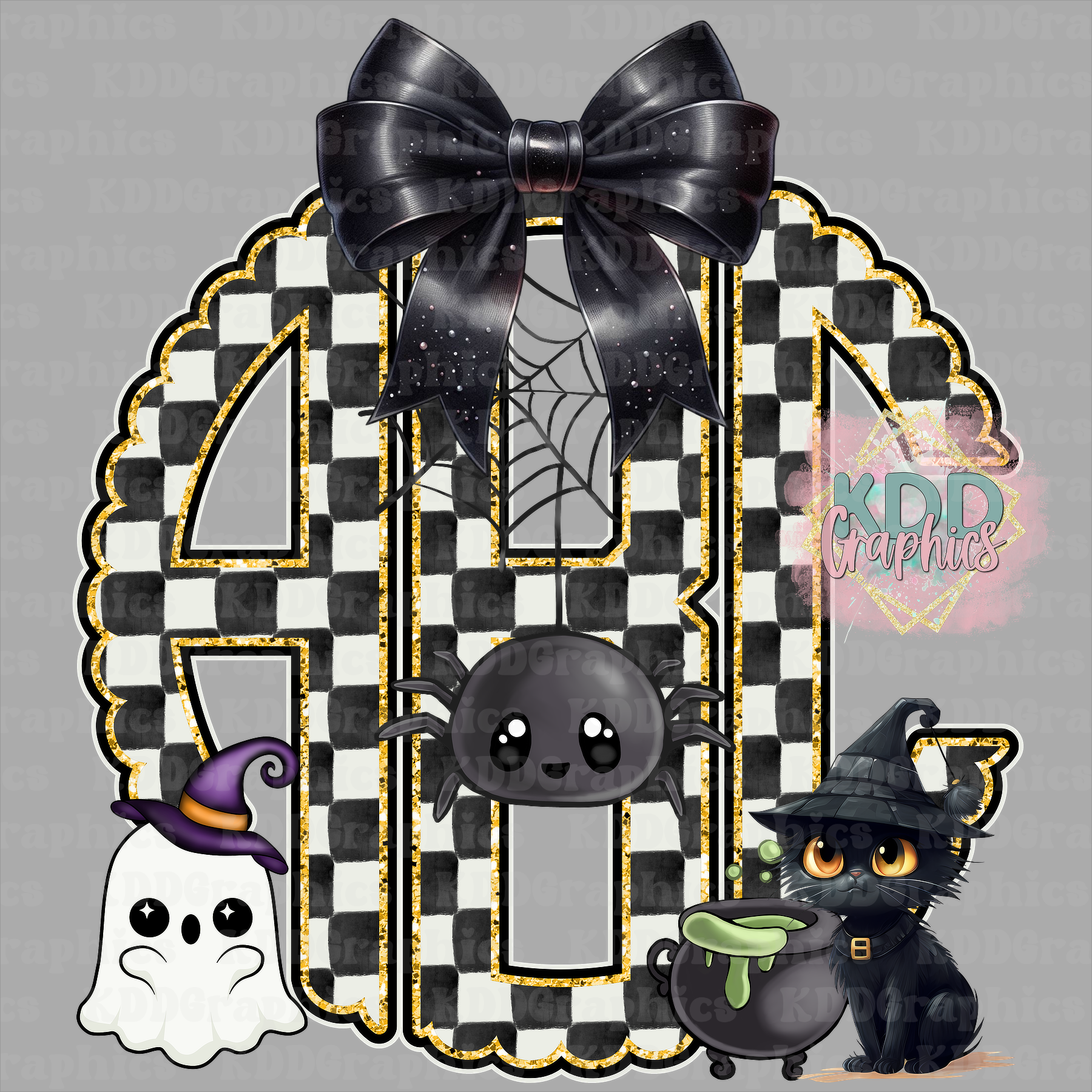 Halloween Black White Checks Coquette Bow Scalloped Circle Monogram Bundle