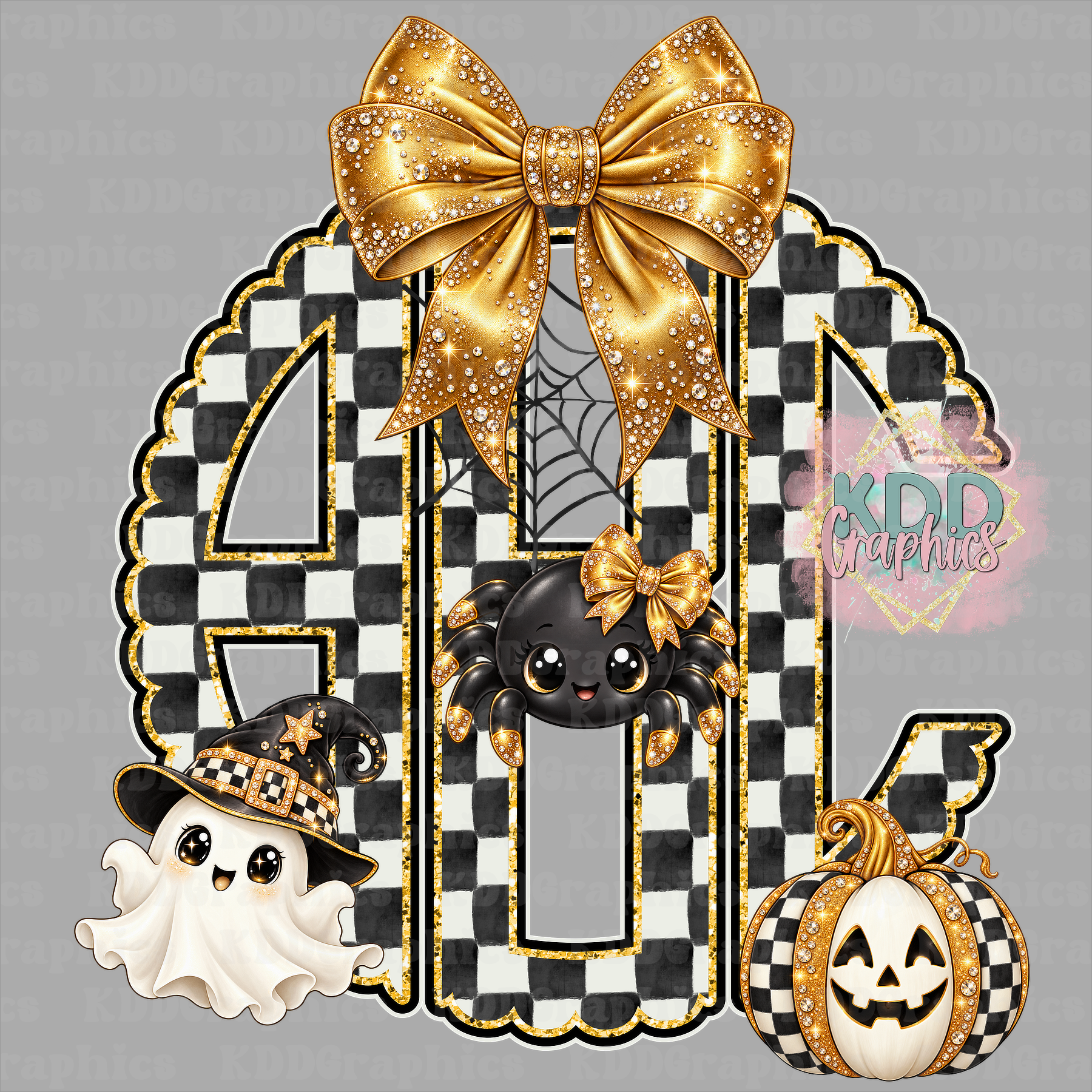 Halloween Black White Checks Coquette GOLD Bow Scalloped Circle Monogram Bundle 2