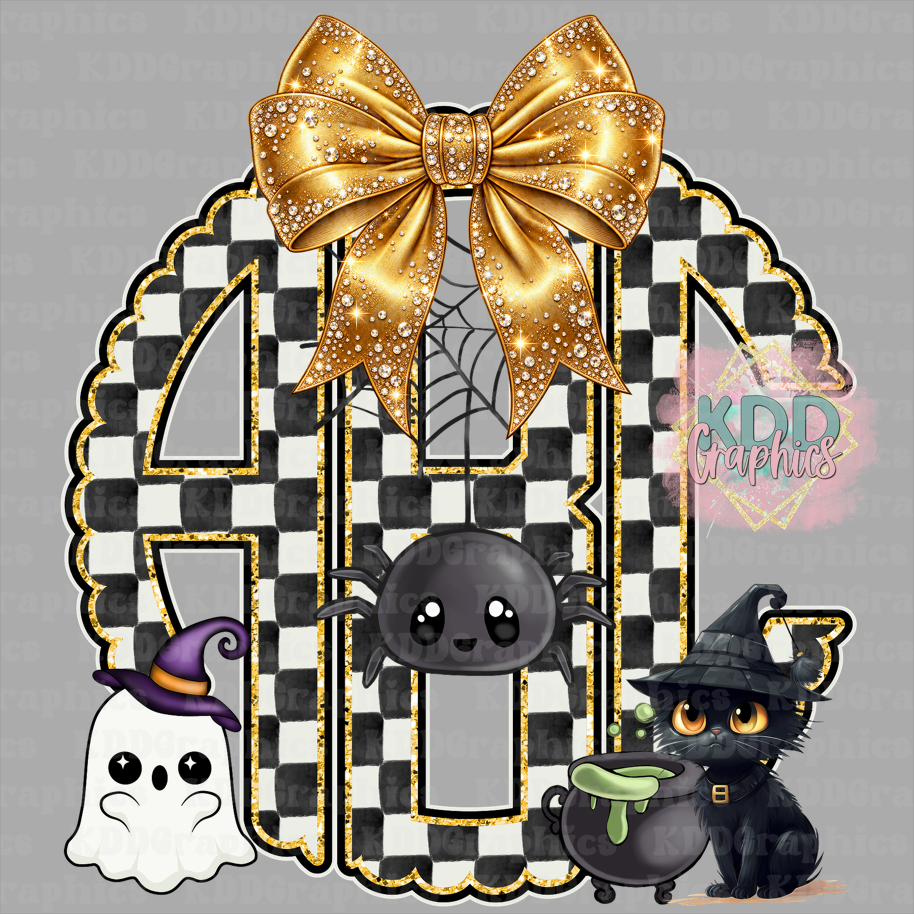 Halloween Black White Checks Coquette GOLD Bow Scalloped Circle Monogram Bundle