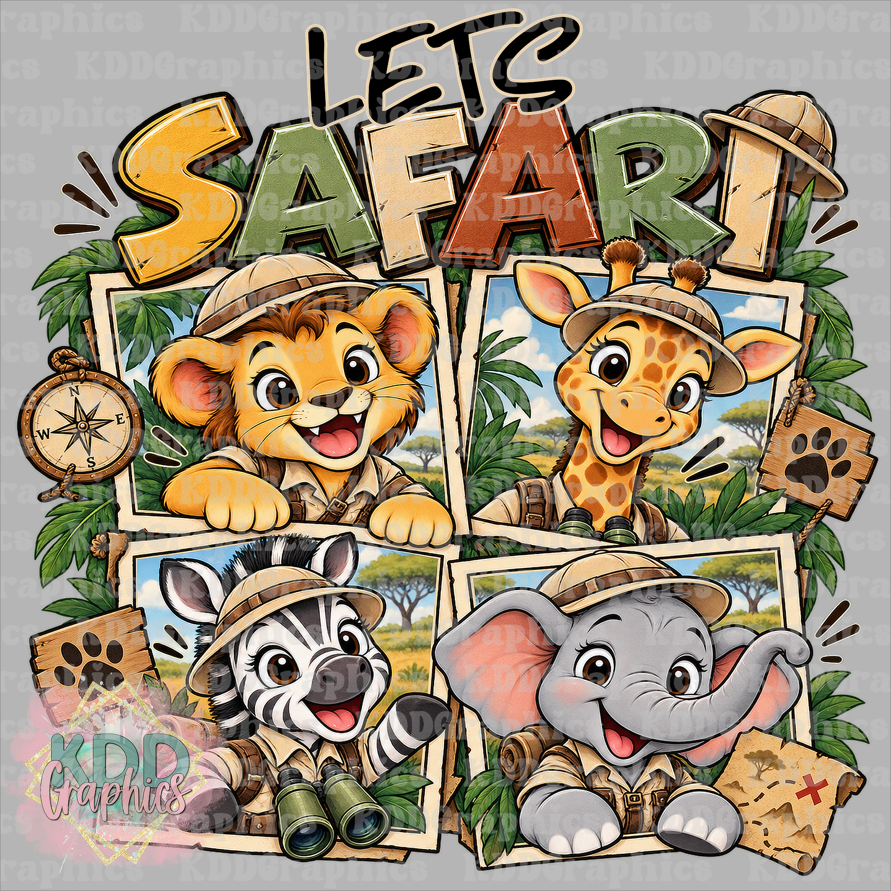 Let’s Safari Cute Jungle Animals PNG – Lion Giraffe Zebra Elephant Leopard Print Safari Design 2