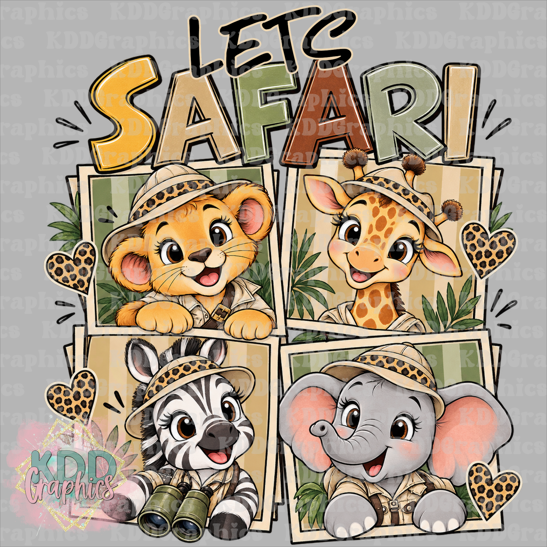 Let’s Safari Cute Jungle Animals PNG – Lion Giraffe Zebra Elephant Leopard Print Safari Design