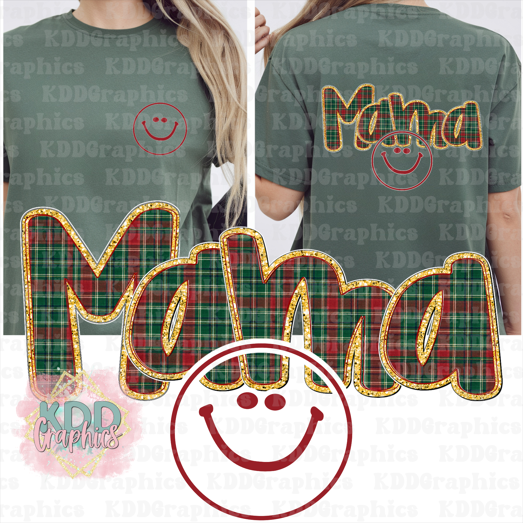 Mama Bundle Smiley Face - Red Green Christmas Plaid PNG