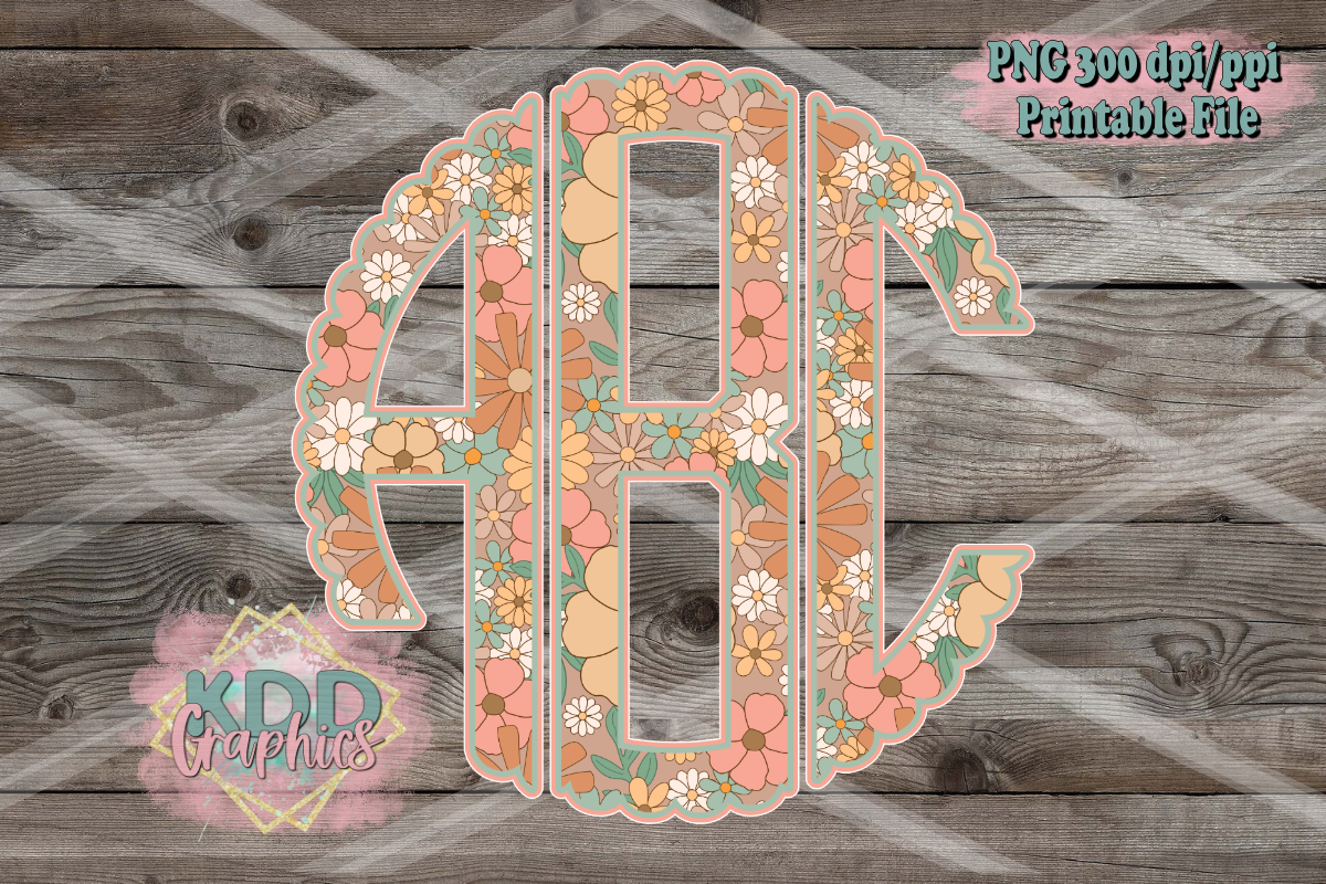 Muted Boho Floral Scalloped Circle Monogram PNG