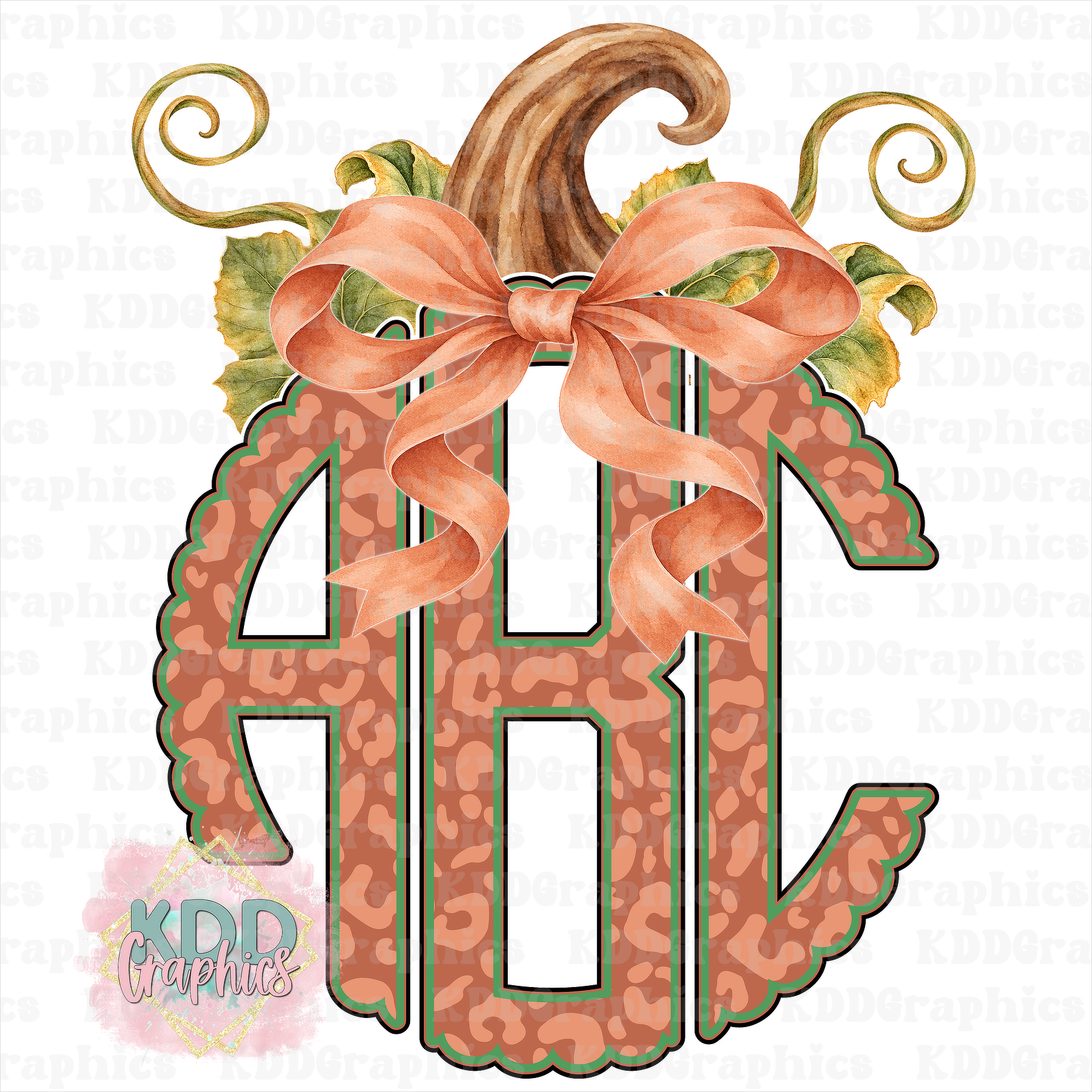 Muted Fall Pumpkin Scalloped Circle Monogram PNG with Watercolor Bow