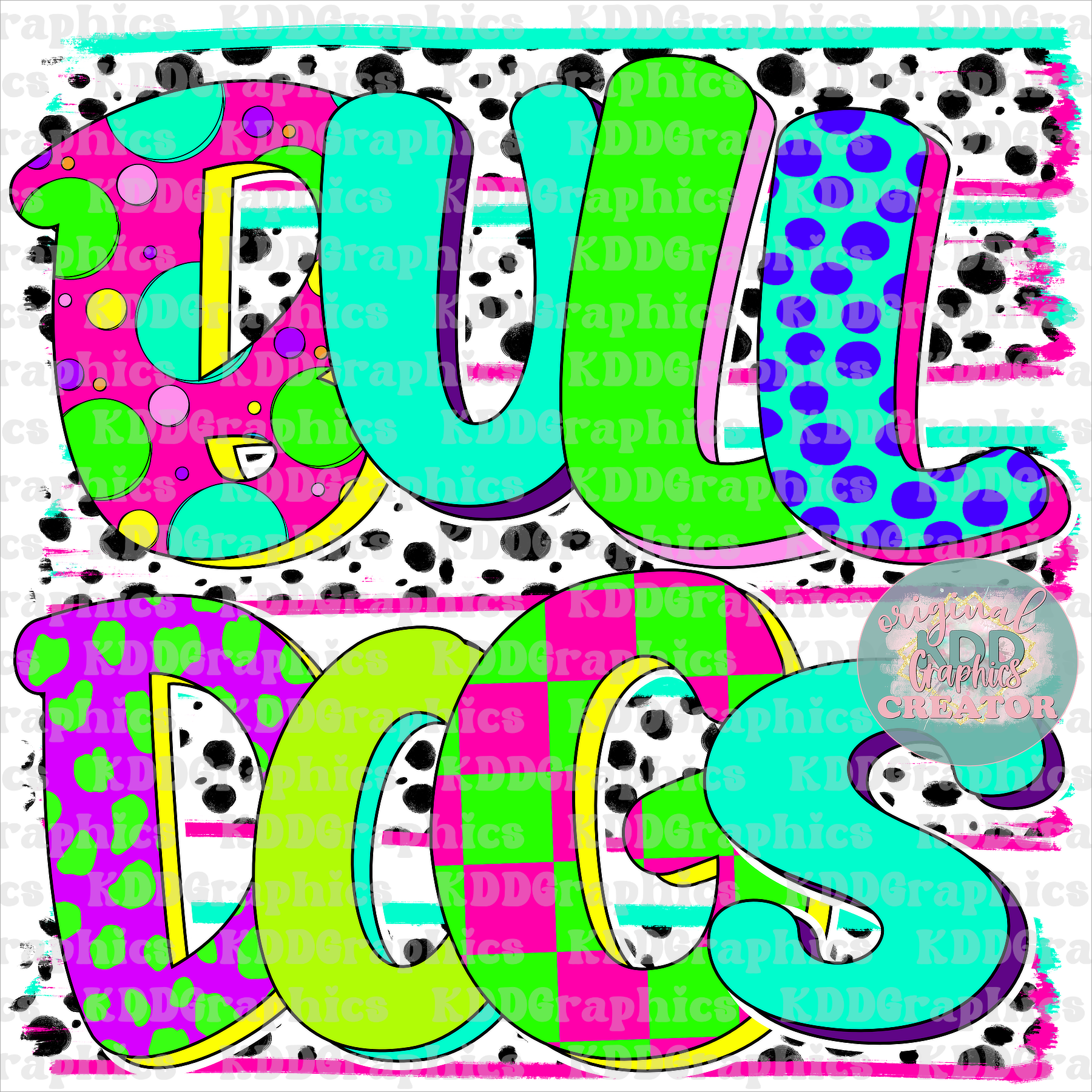 Neon Bulldogs Mascot - Dots Brushstrokes - Bulldog School Spirit PNG
