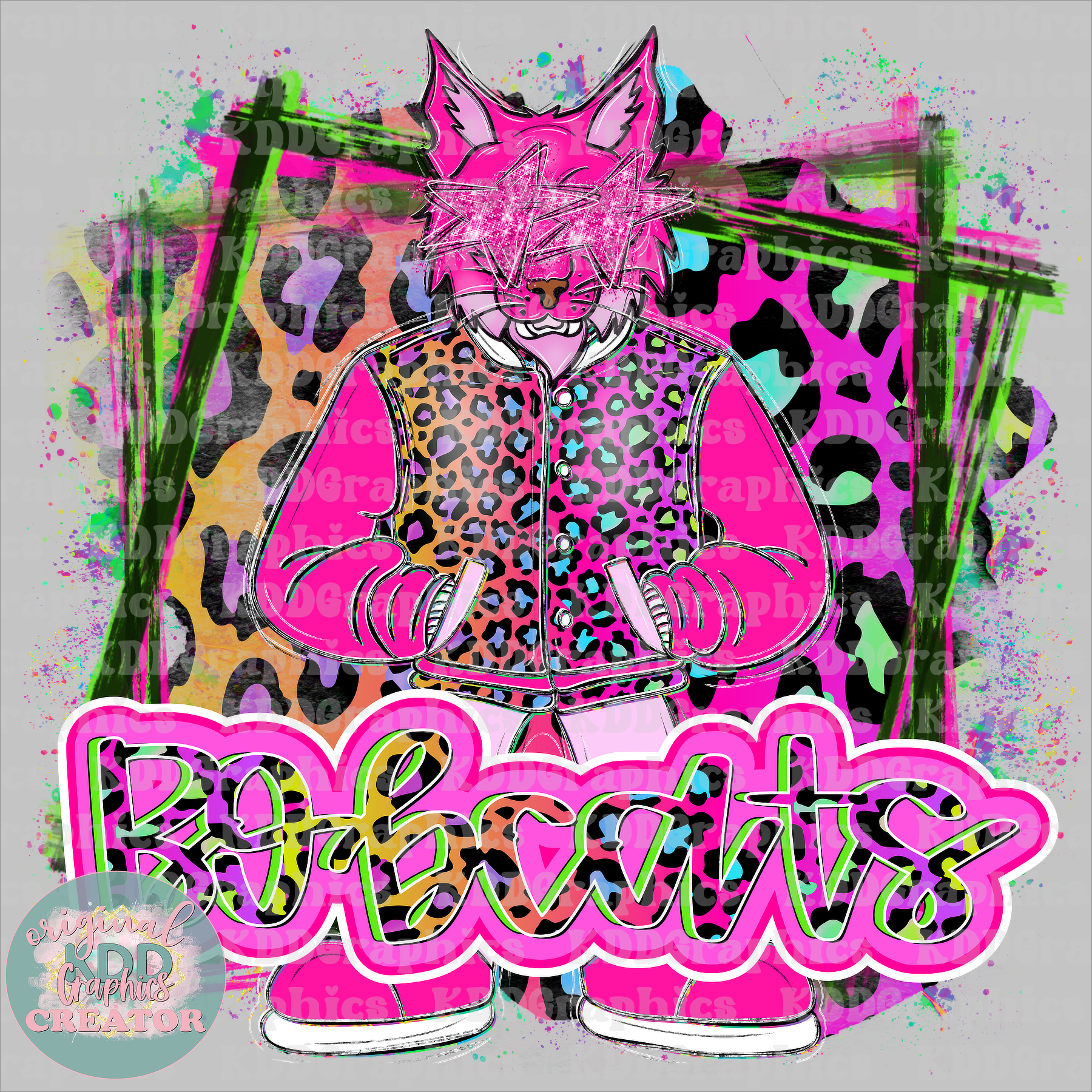 Neon Cheetah Bobcats Mascot Standing - Bobcat Snake School Spirit PNG