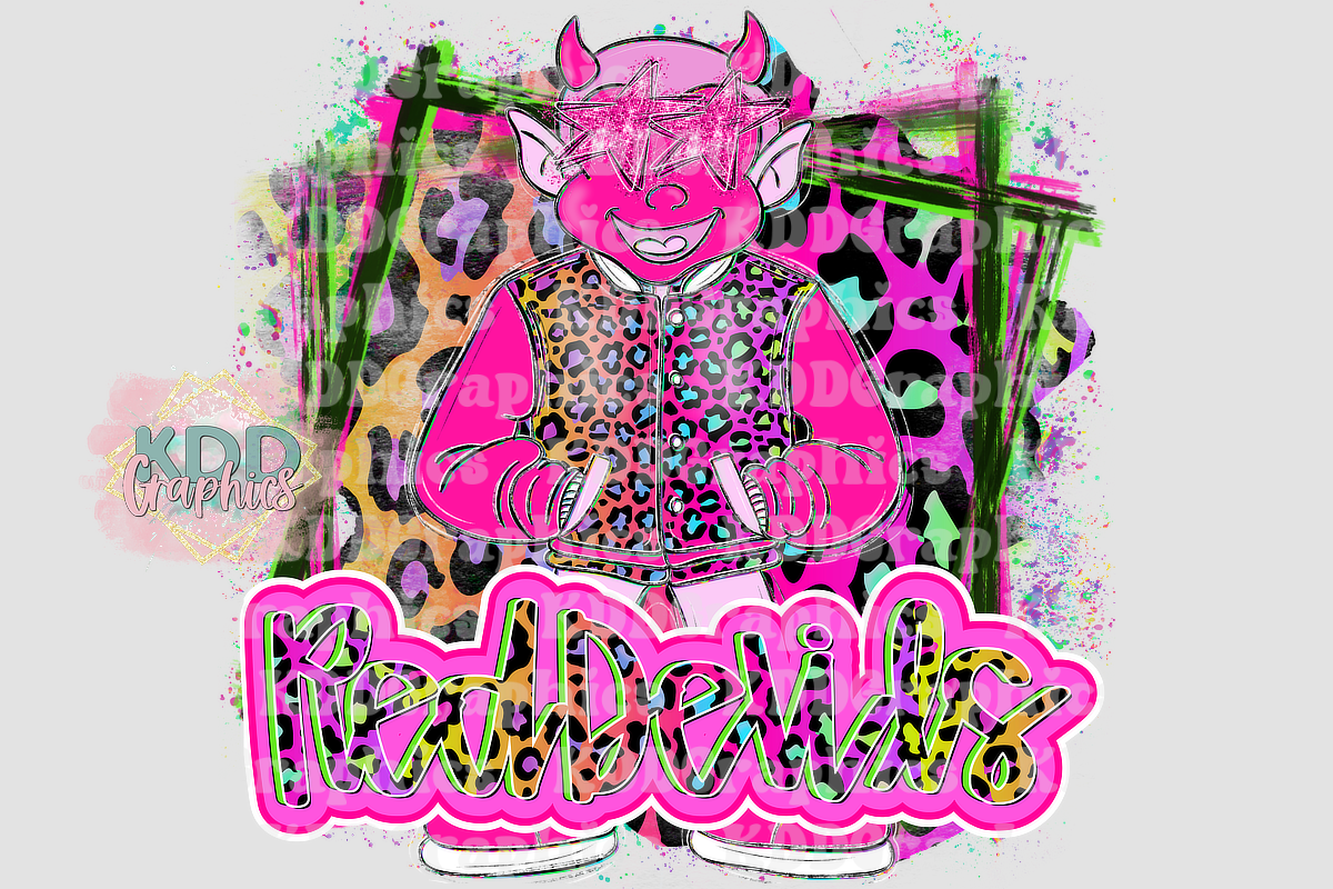 Neon Cheetah Red Devils Mascot Standing - Red Devil School Spirit PNG