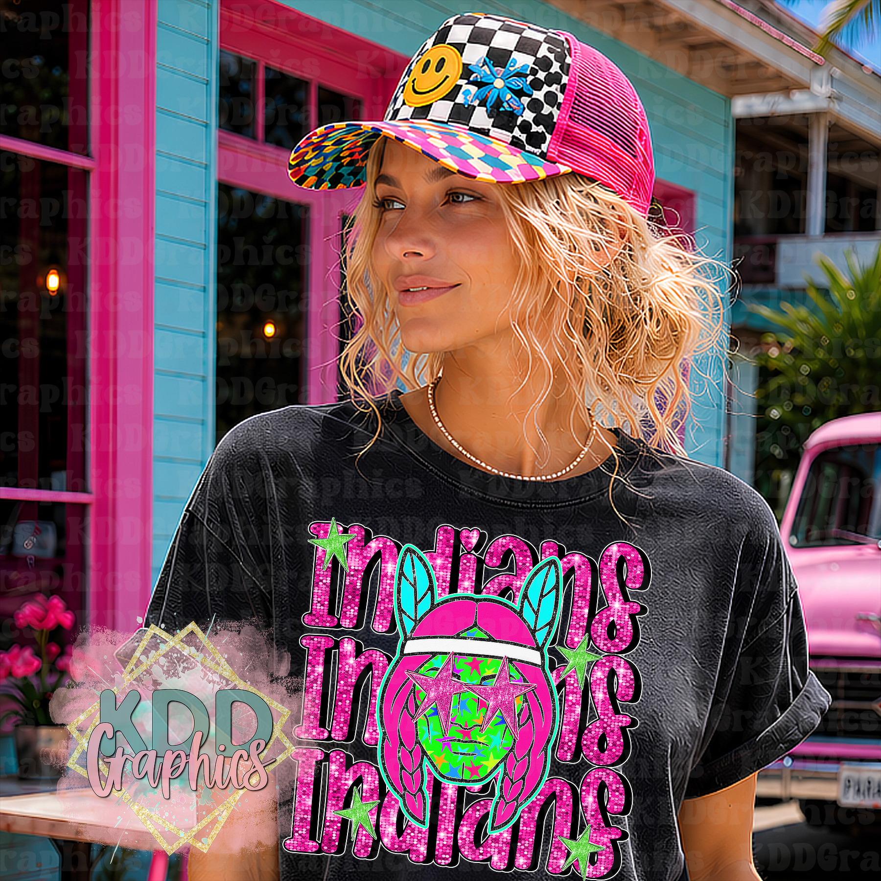 Neon Doodle Indian Mascot - Indians School Spirit PNG