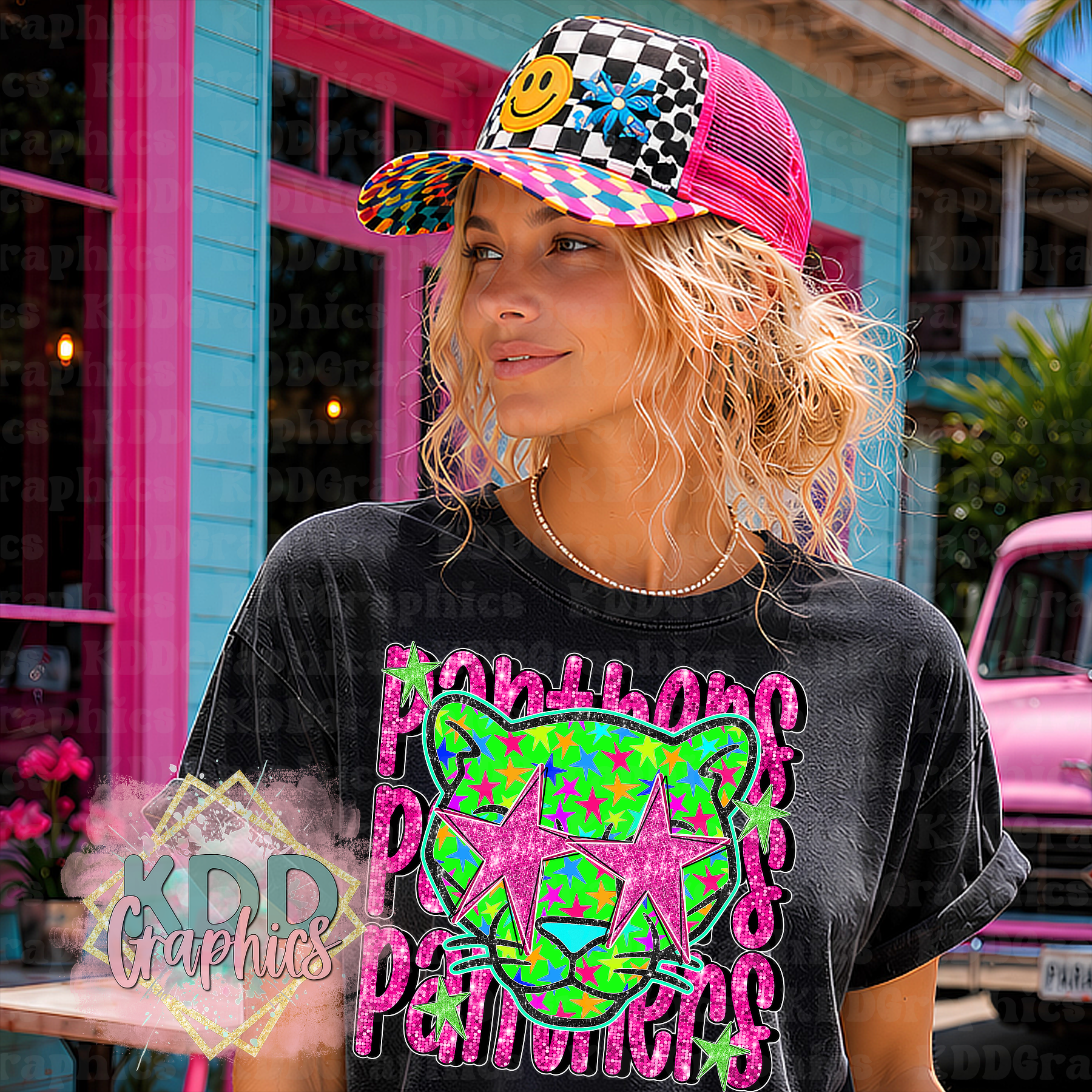 Neon Doodle Panther Mascot - Panthers School Spirit PNG