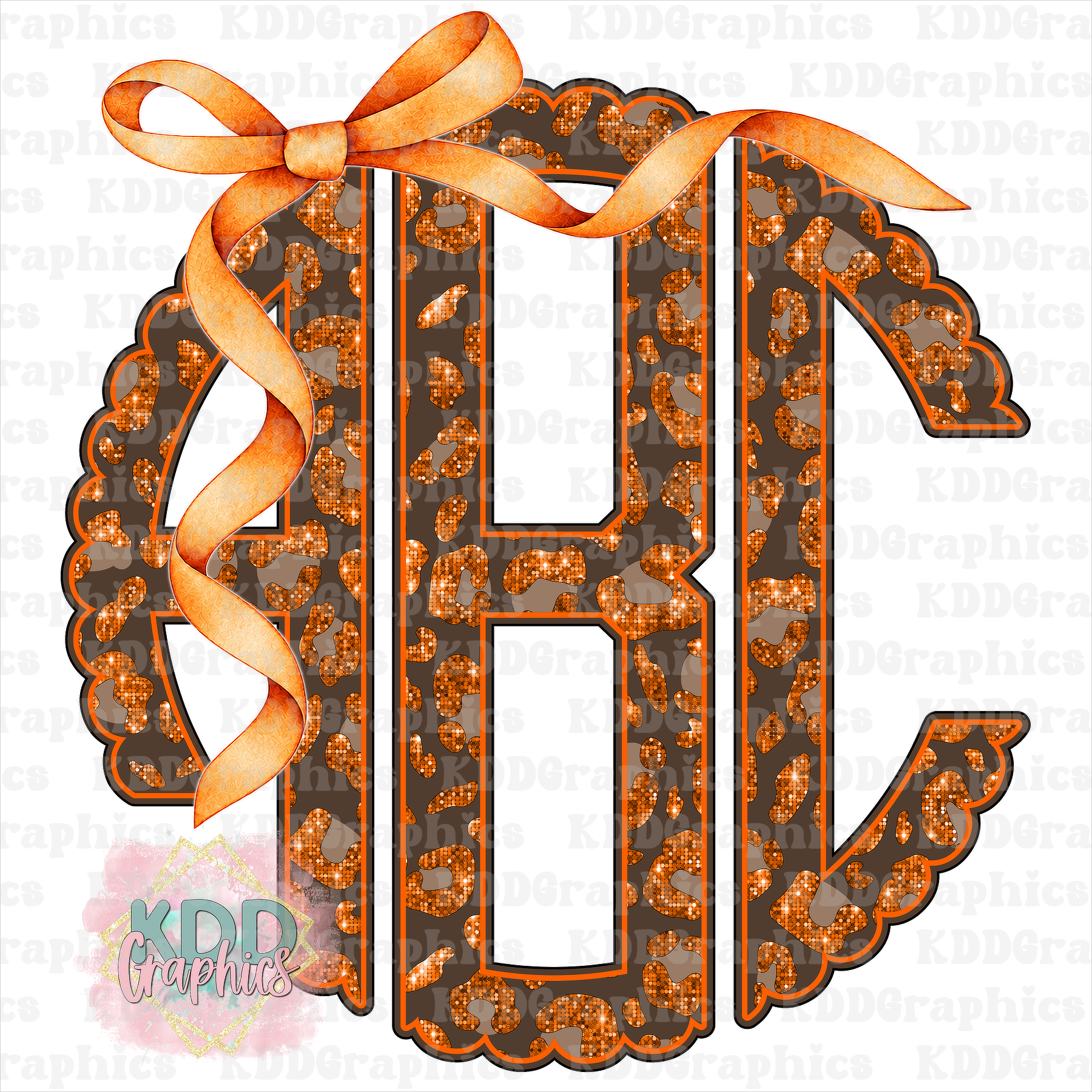 Orange Glitter Leopard Scalloped Circle Monogram PNG with Bow – Brown Cheetah Alphabet