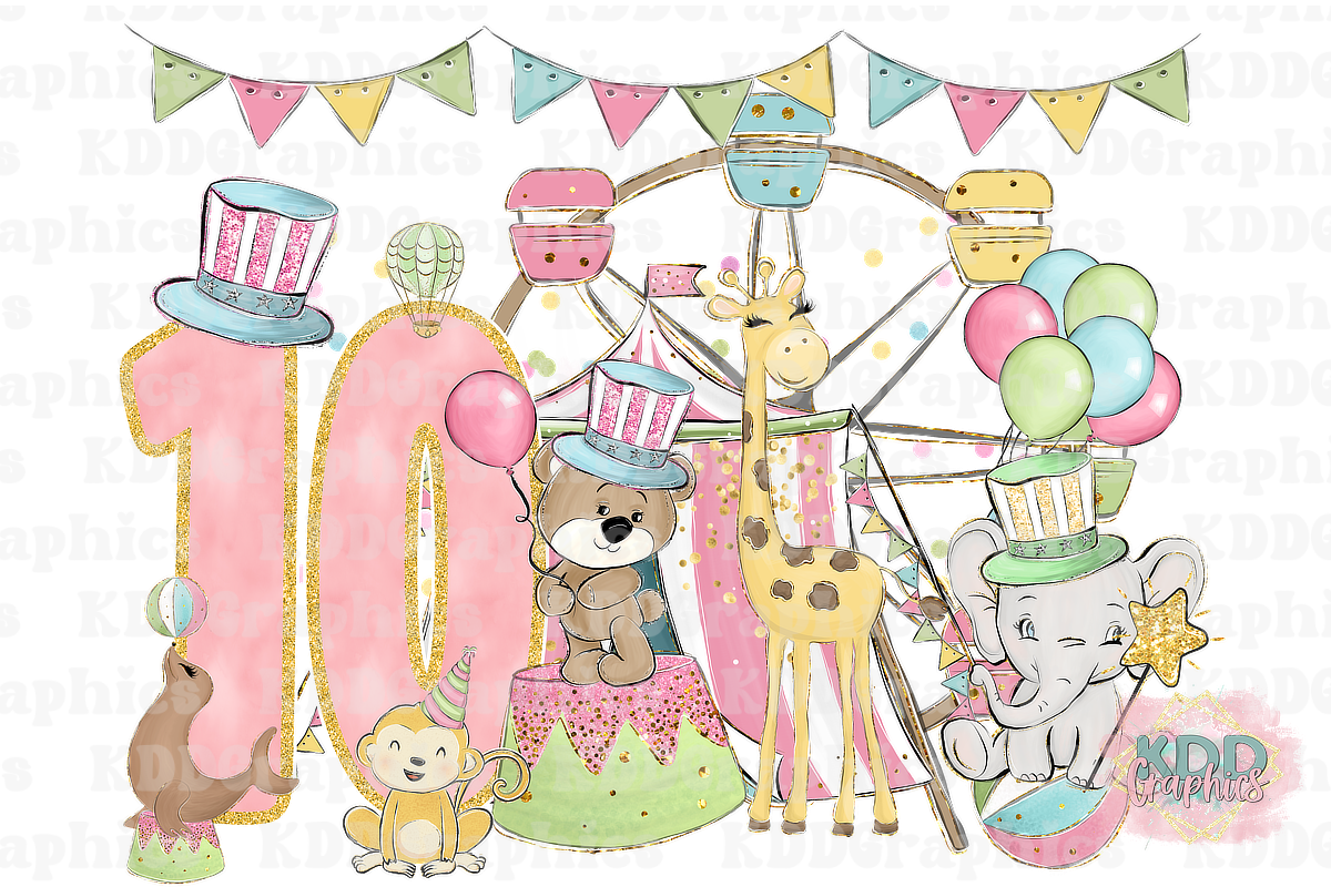 Pastel Girls Carnival Circus 10th Birthday Design PNG