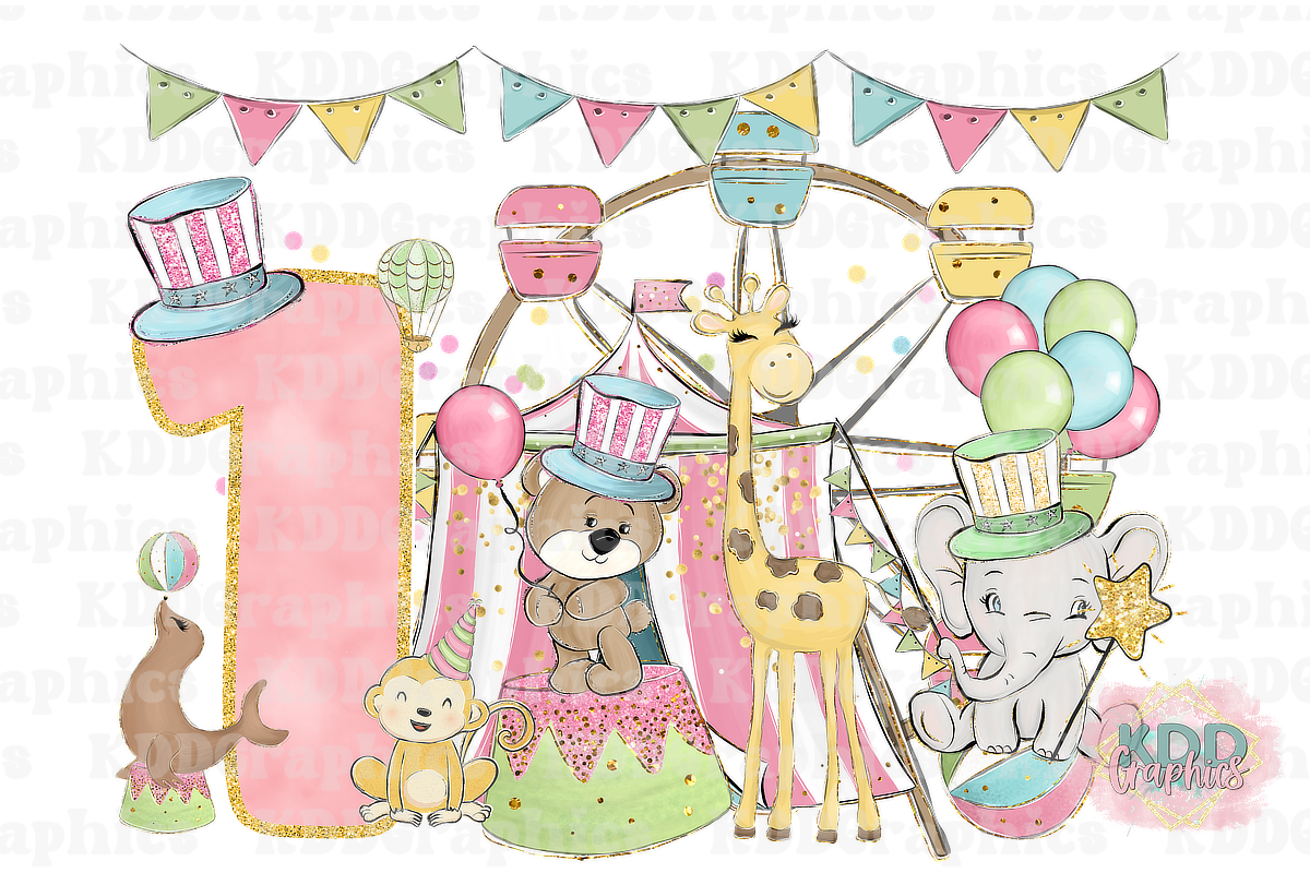Pastel Girls Carnival Circus 1st Birthday Design PNG