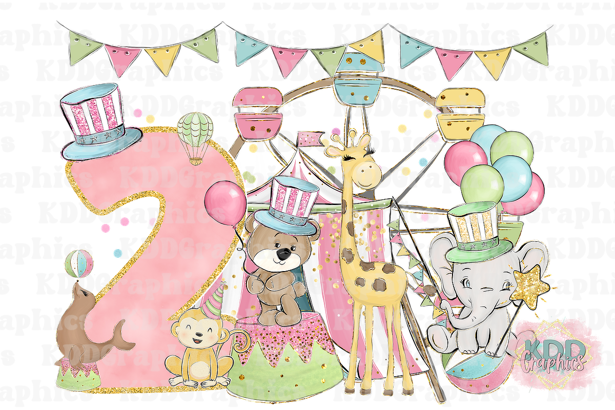 Pastel Girls Carnival Circus 2nd Birthday Design PNG