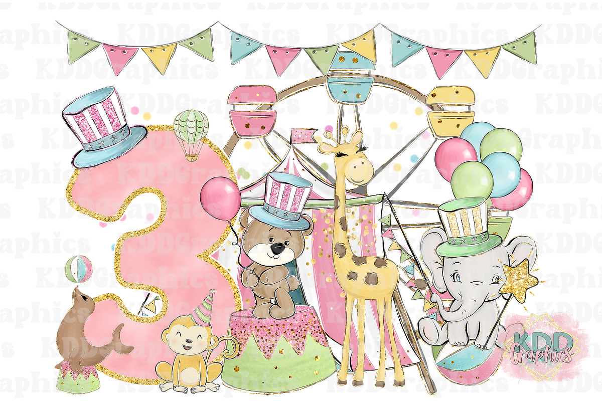 Pastel Girls Carnival Circus 3rd Birthday Design PNG