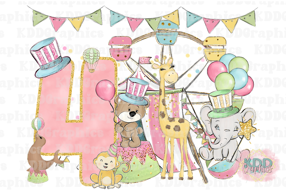 Pastel Girls Carnival Circus 4th Birthday Design PNG