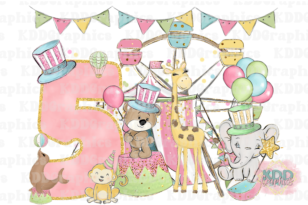 Pastel Girls Carnival Circus 5th Birthday Design PNG